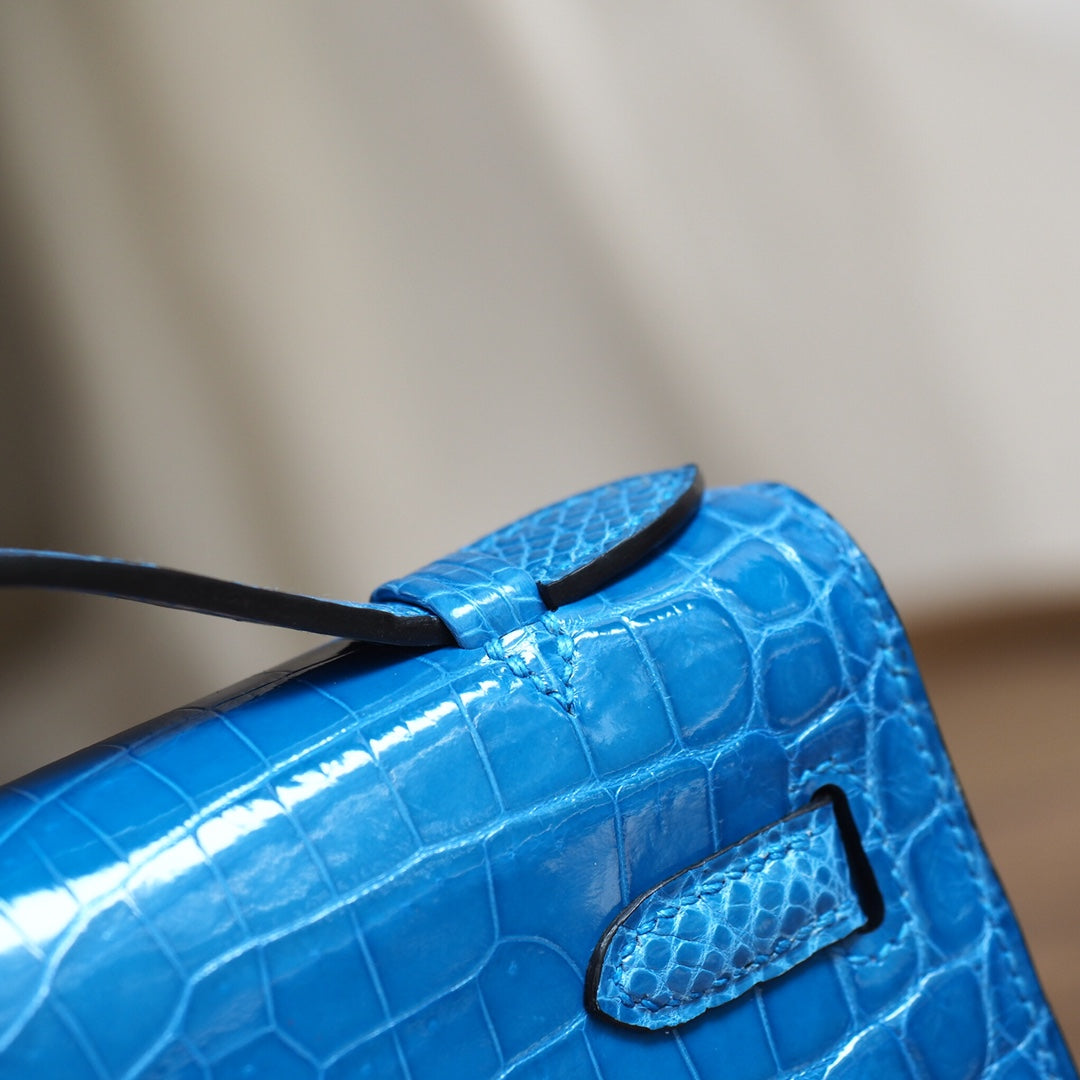 Hermes Mini Kelly 22cm 7W/伊兹密尔蓝/Blue Izmir Crocodile leather Palladium hardware