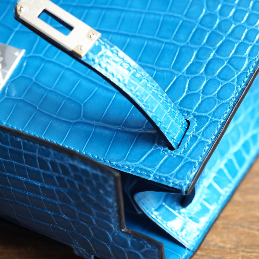Hermes Mini Kelly 22cm 7W/伊兹密尔蓝/Blue Izmir Crocodile leather Palladium hardware