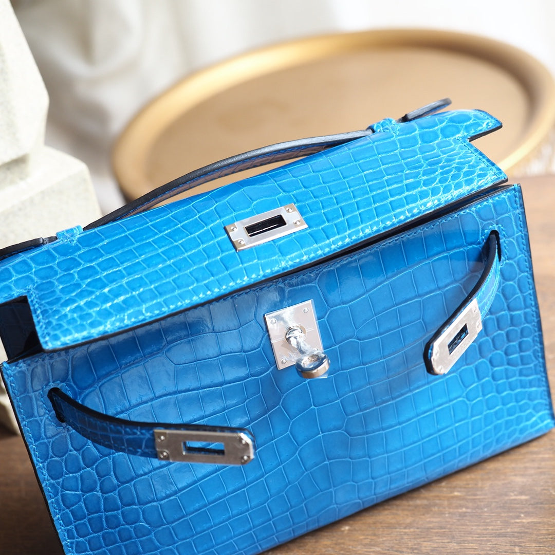 Hermes Mini Kelly 22cm 7W/伊兹密尔蓝/Blue Izmir Crocodile leather Palladium hardware