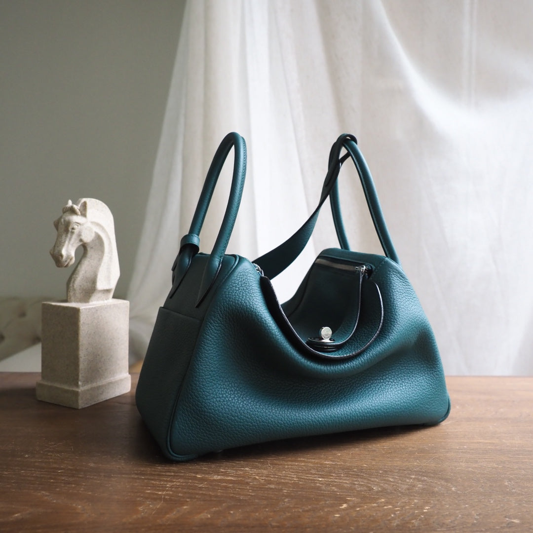 Hermes Lindy 30cm Z6/孔雀绿/Malachite Clemence leather Palladium hardware