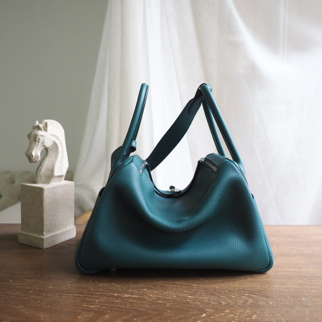 Hermes Lindy 30cm Z6/孔雀绿/Malachite Clemence leather Palladium hardware