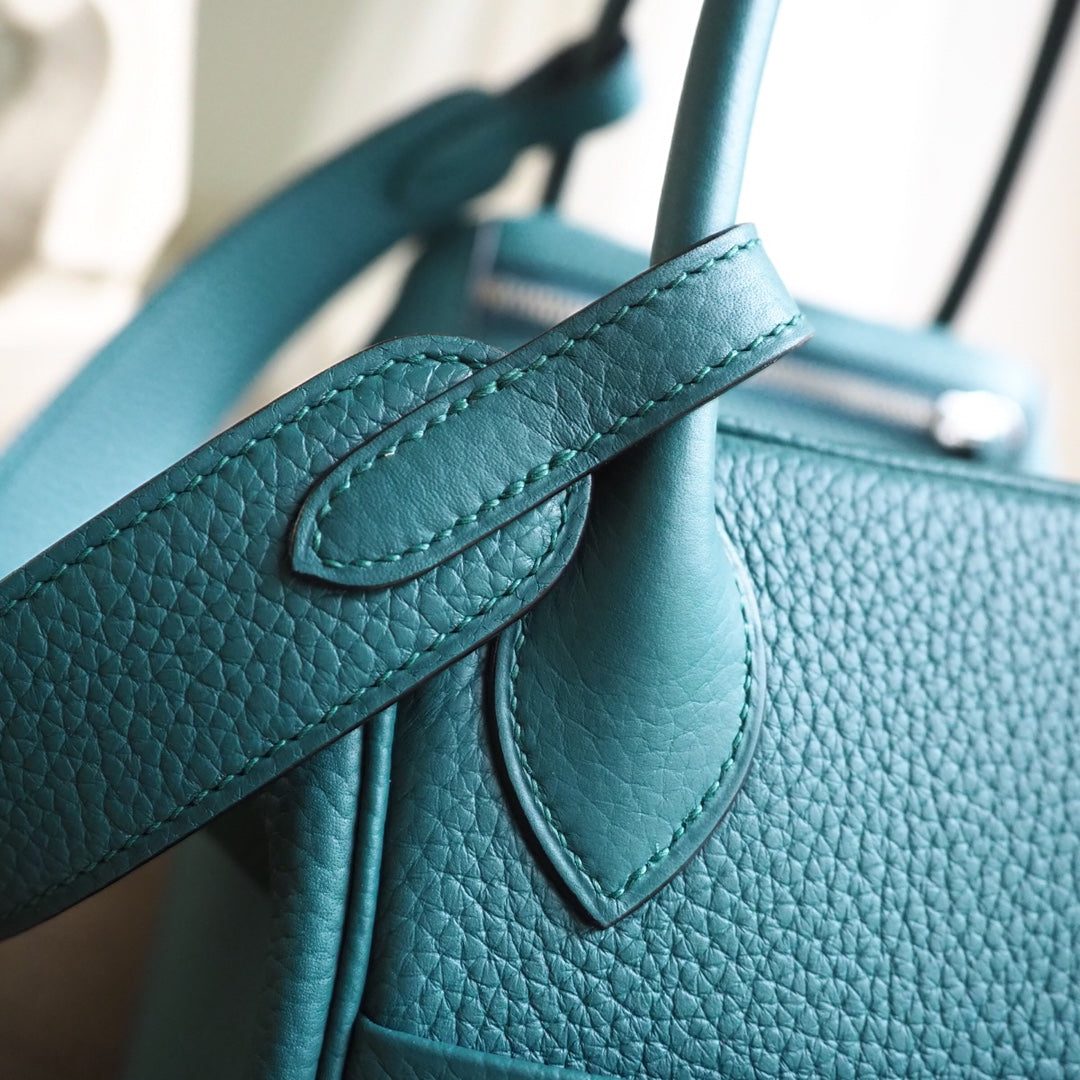 Hermes Lindy 30cm Z6/孔雀绿/Malachite Clemence leather Palladium hardware