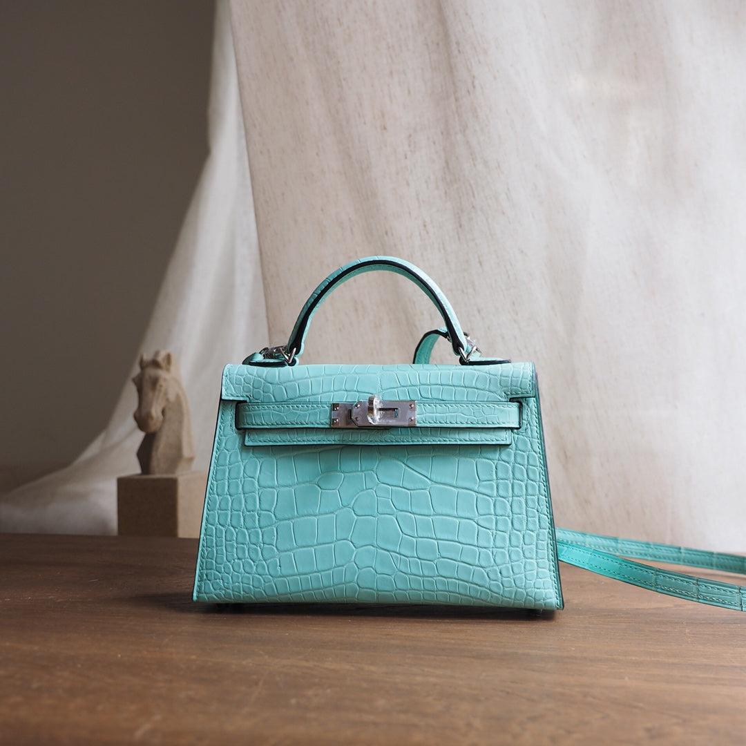 Hermes Mini Kelly 19cm 6U/薄荷绿/Vert D.Eau Crocodile leather Palladium hardware