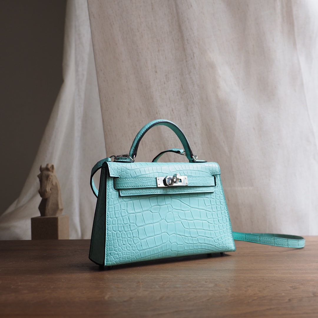 Hermes Mini Kelly 19cm 6U/薄荷绿/Vert D.Eau Crocodile leather Palladium hardware