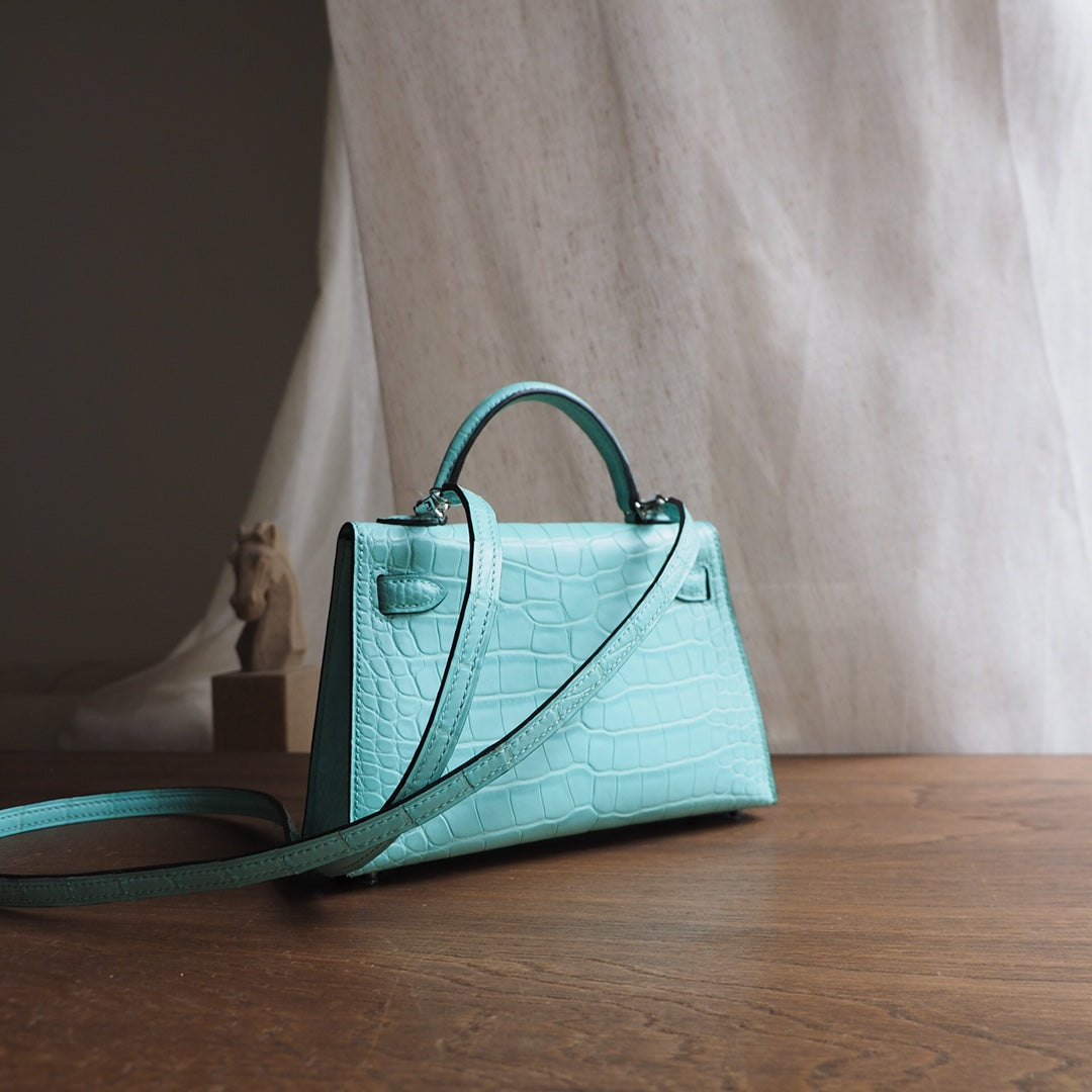 Hermes Mini Kelly 19cm 6U/薄荷绿/Vert D.Eau Crocodile leather Palladium hardware