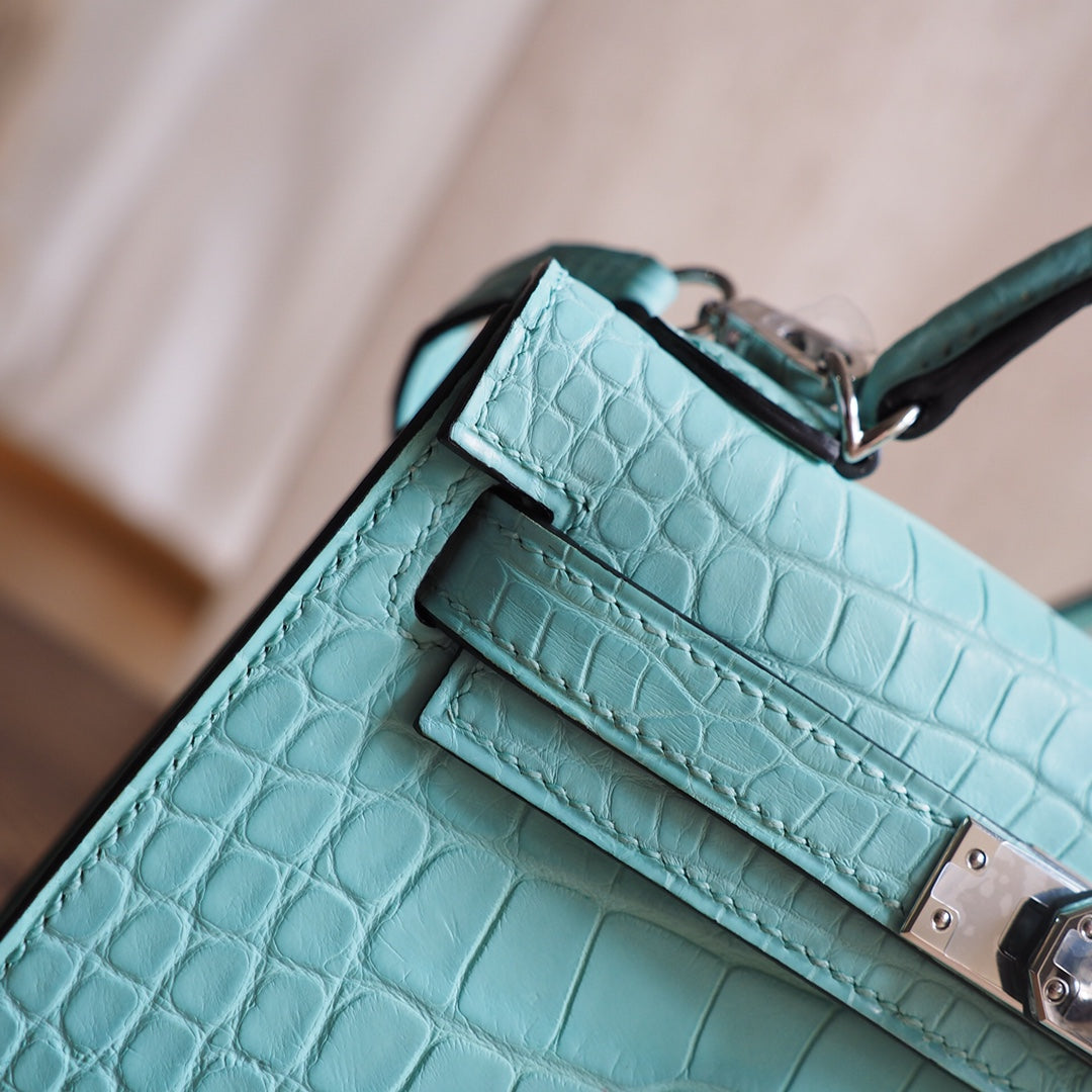 Hermes Mini Kelly 19cm 6U/薄荷绿/Vert D.Eau Crocodile leather Palladium hardware