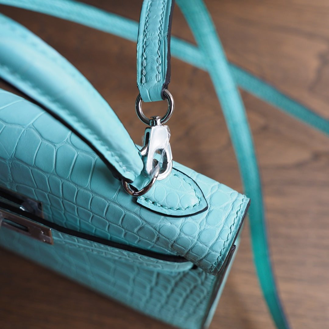 Hermes Mini Kelly 19cm 6U/薄荷绿/Vert D.Eau Crocodile leather Palladium hardware
