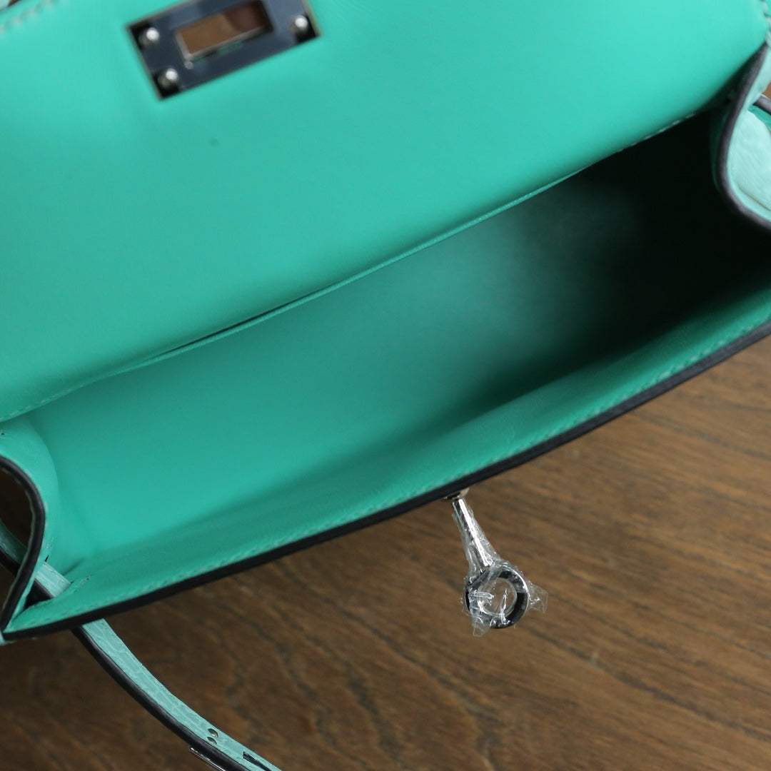 Hermes Mini Kelly 19cm 6U/薄荷绿/Vert D.Eau Crocodile leather Palladium hardware