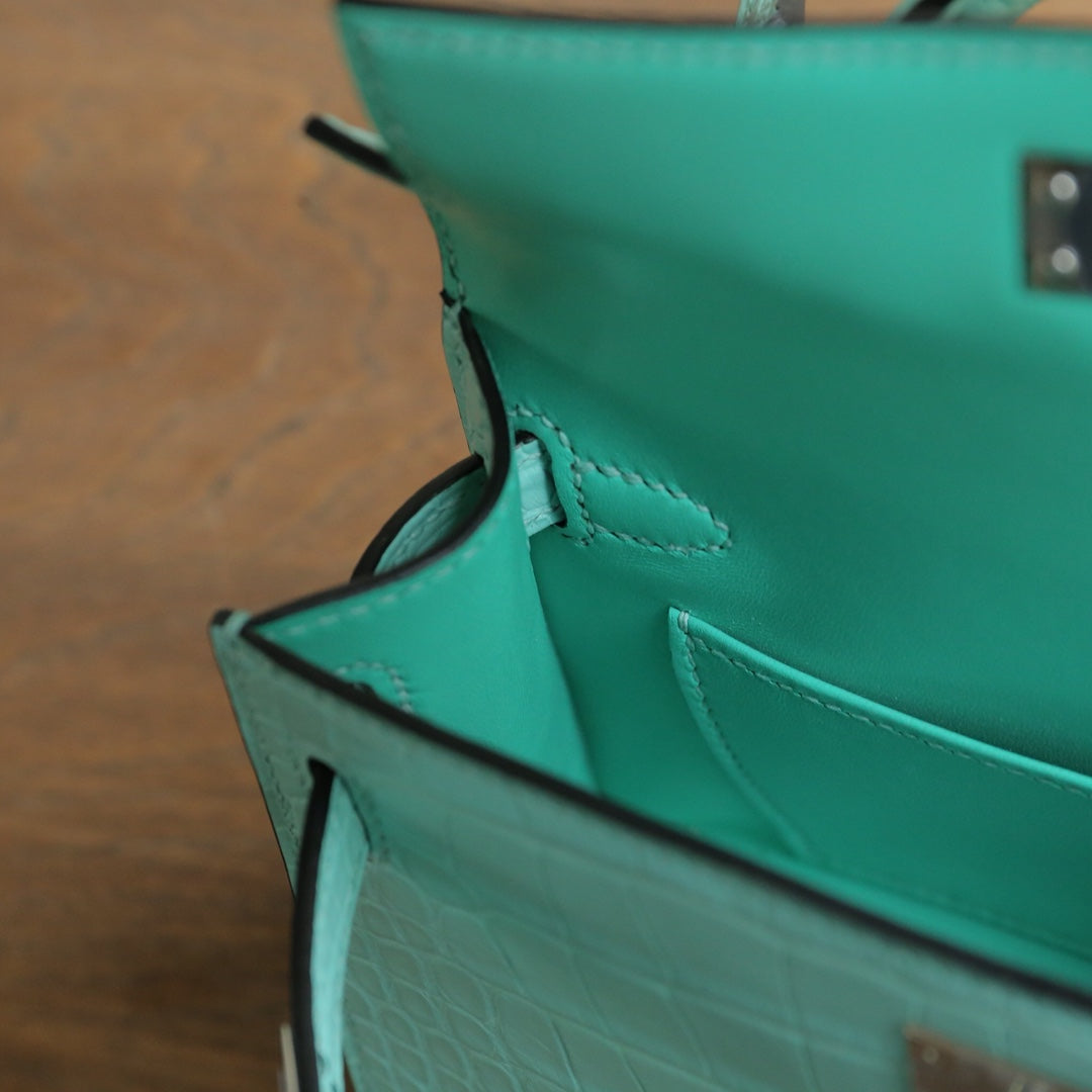 Hermes Mini Kelly 19cm 6U/薄荷绿/Vert D.Eau Crocodile leather Palladium hardware