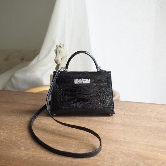 Hermes Mini Kelly 19cm 89/黑色/Noir Crocodile leather Palladium hardware