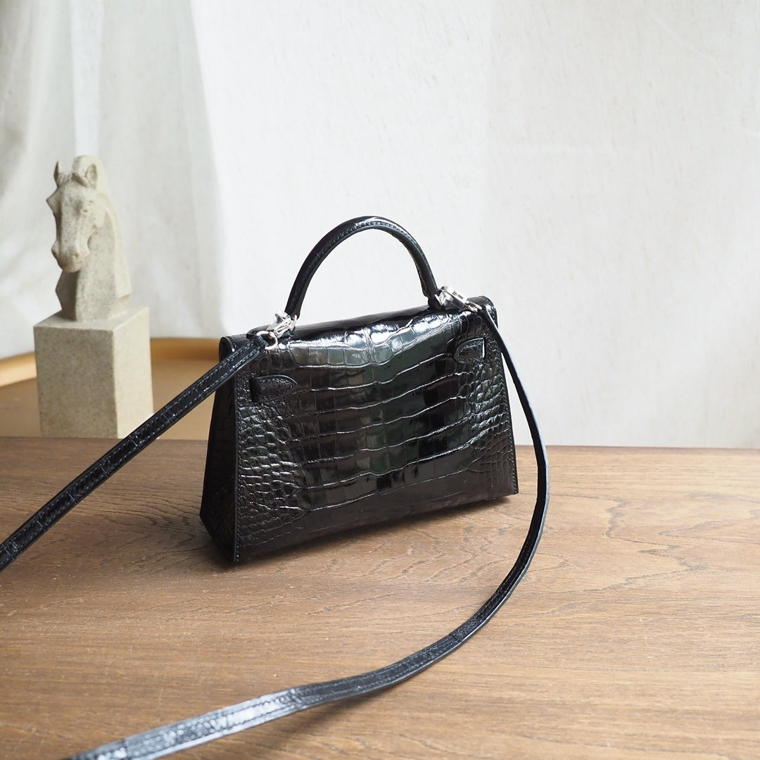 Hermes Mini Kelly 19cm 89/黑色/Noir Crocodile leather Palladium hardware