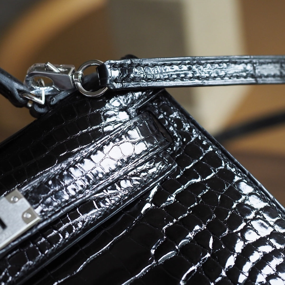 Hermes Mini Kelly 19cm 89/黑色/Noir Crocodile leather Palladium hardware