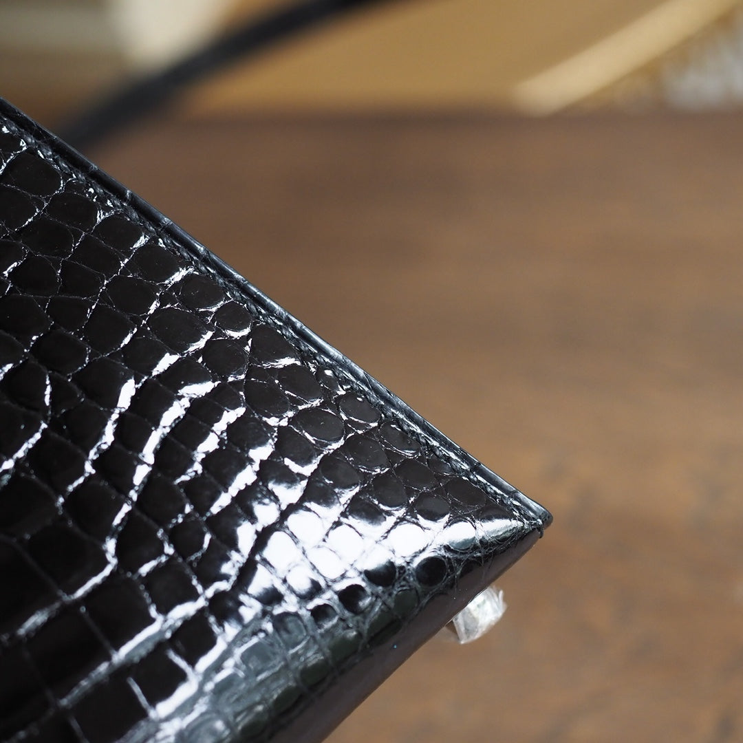 Hermes Mini Kelly 19cm 89/黑色/Noir Crocodile leather Palladium hardware