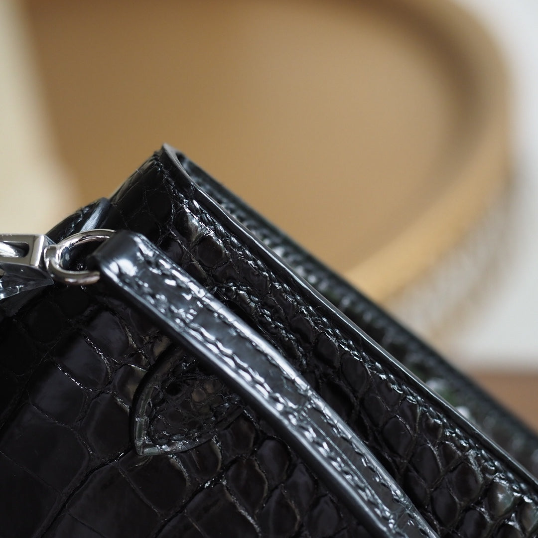 Hermes Mini Kelly 19cm 89/黑色/Noir Crocodile leather Palladium hardware