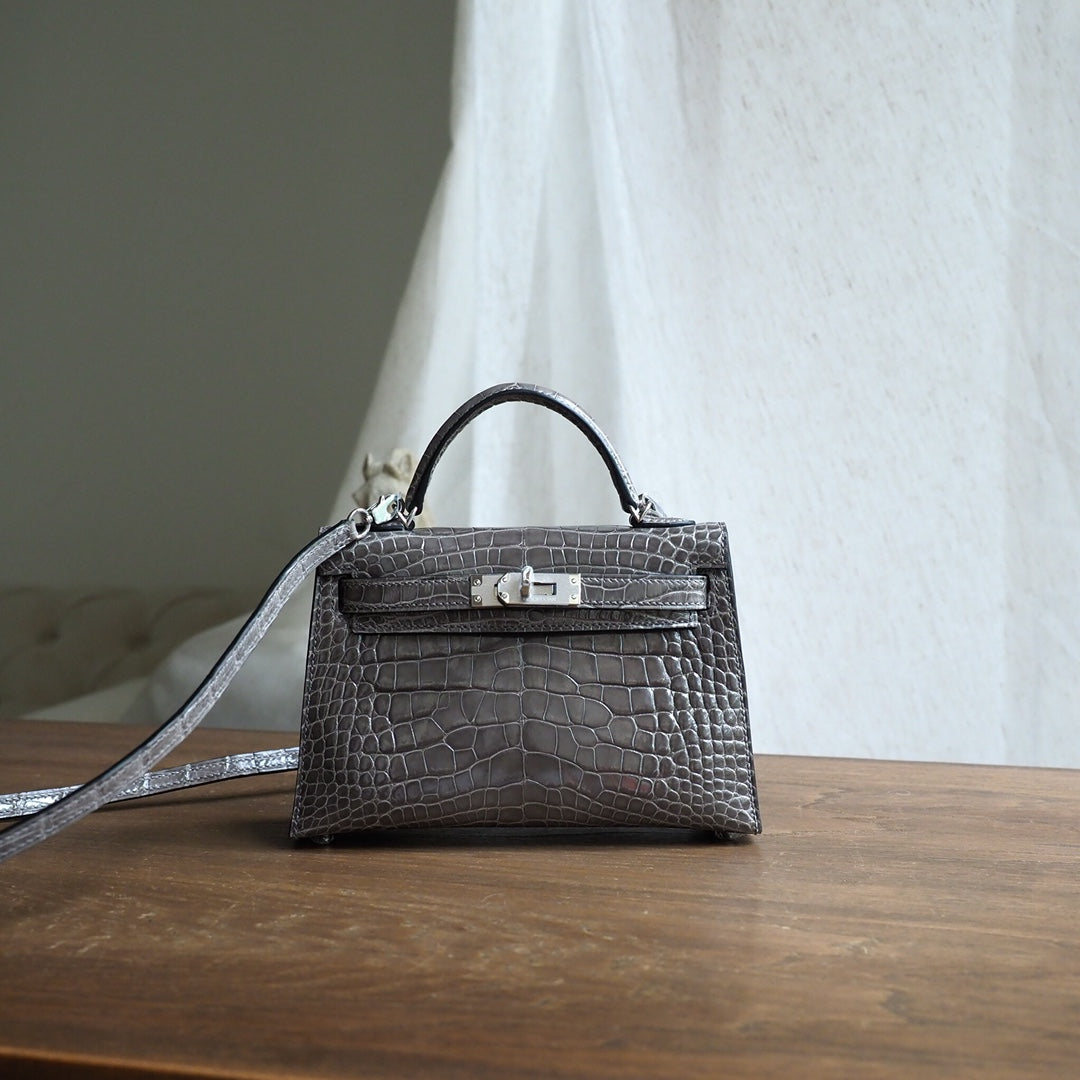 Hermes Mini Kelly 19cm 81/斑鸠灰/Gris Tourterelle Crocodile leather Palladium hardware