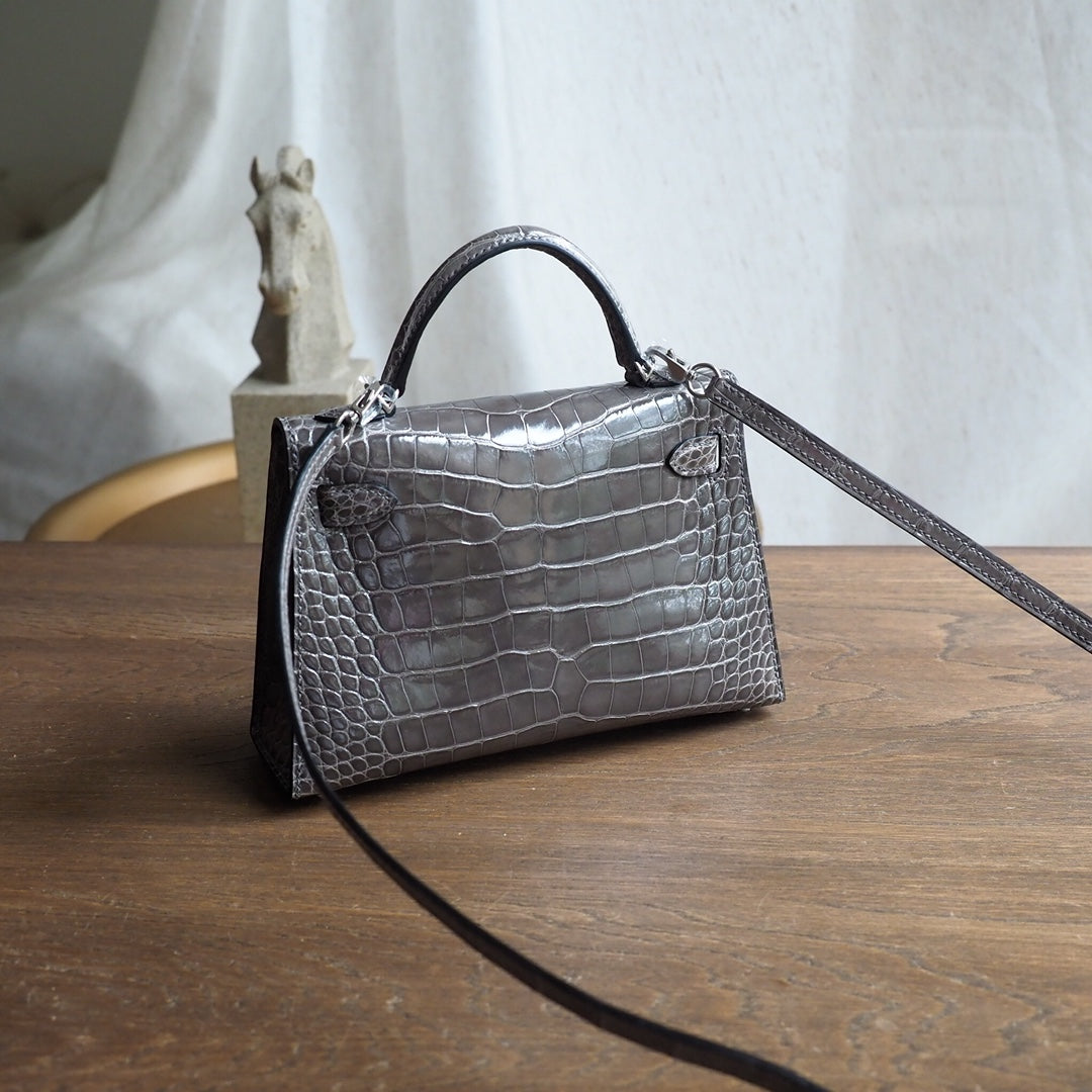 Hermes Mini Kelly 19cm 81/斑鸠灰/Gris Tourterelle Crocodile leather Palladium hardware