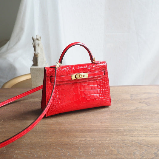 Hermes Mini Kelly 19cm 95/法拉利红/Braise Crocodile leather Gold hardware