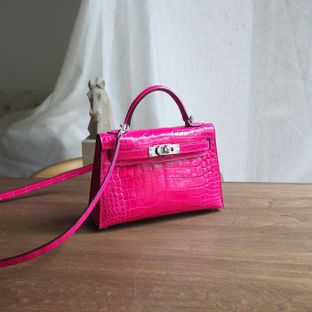 Hermes Mini Kelly 19cm J5/天方夜谭紫/Rose scheherazade Crocodile leather Palladium hardware