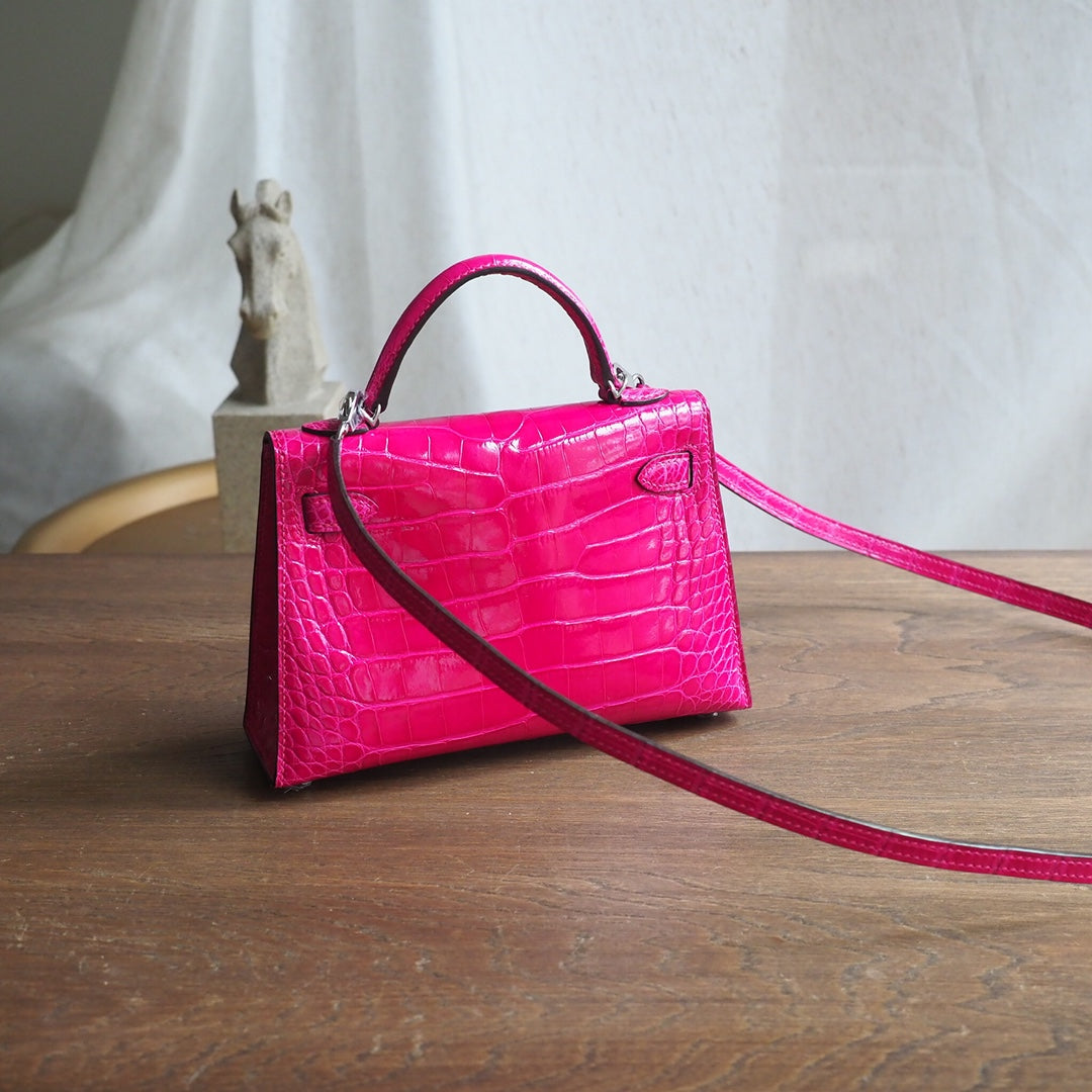 Hermes Mini Kelly 19cm J5/天方夜谭紫/Rose scheherazade Crocodile leather Palladium hardware