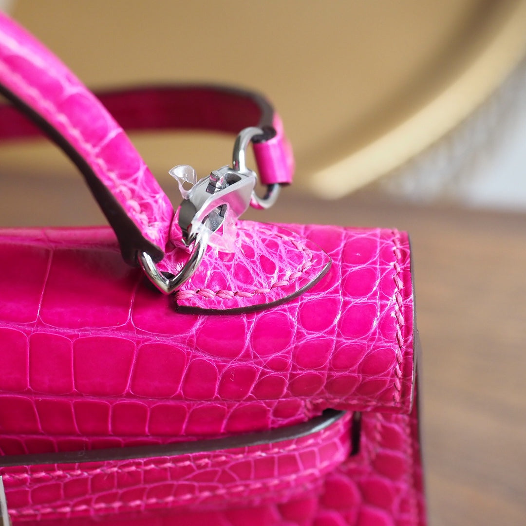 Hermes Mini Kelly 19cm J5/天方夜谭紫/Rose scheherazade Crocodile leather Palladium hardware