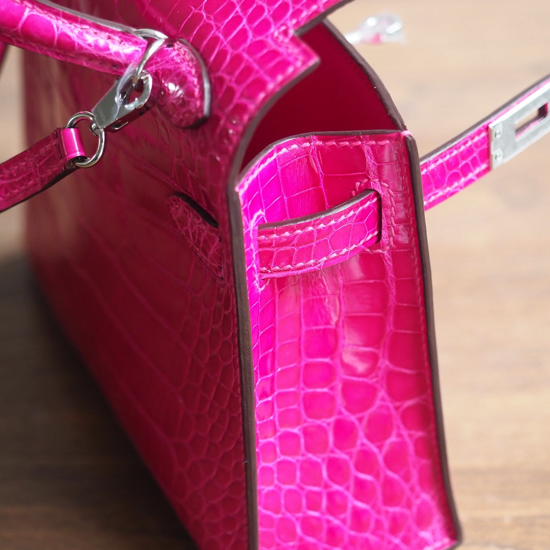 Hermes Mini Kelly 19cm J5/天方夜谭紫/Rose scheherazade Crocodile leather Palladium hardware