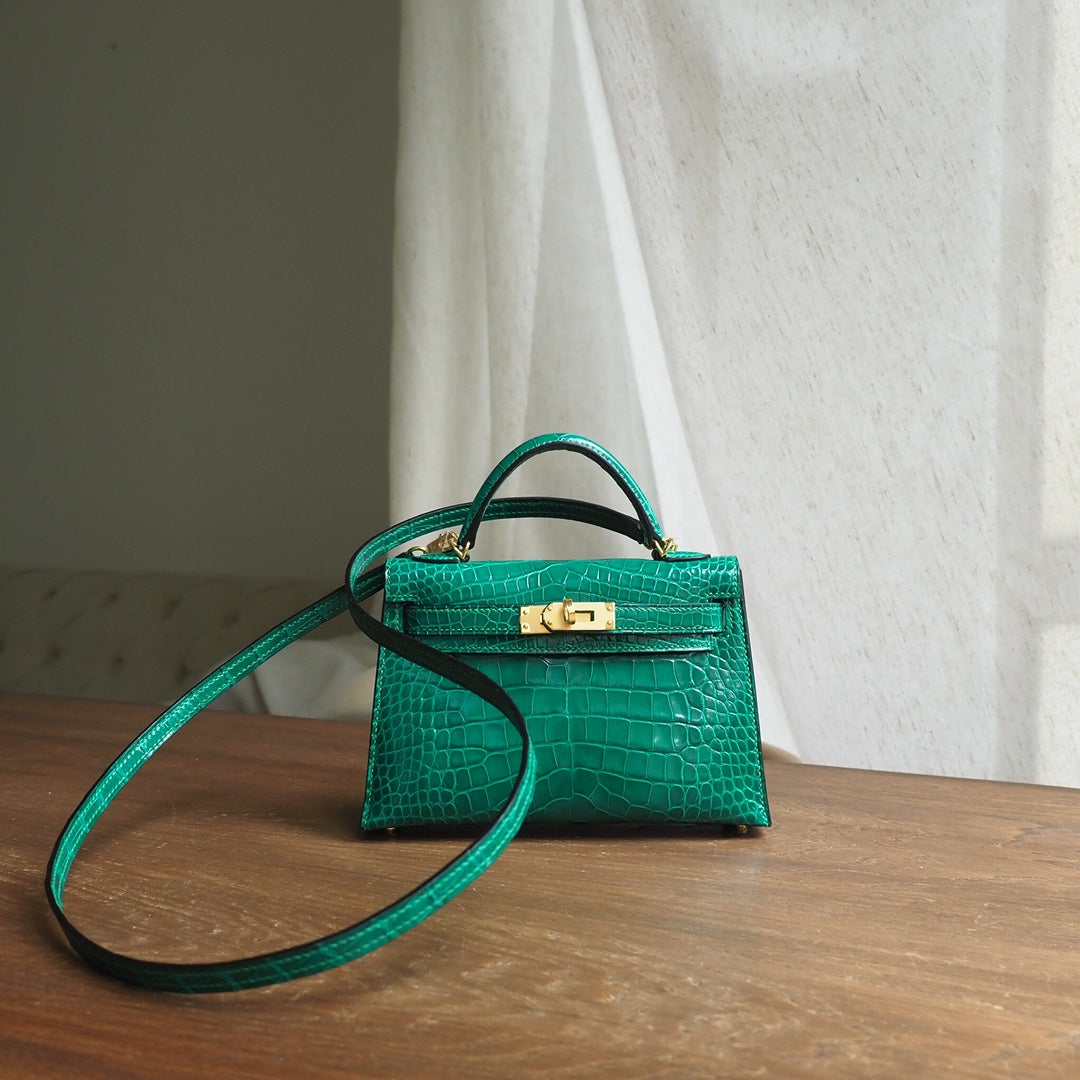 Hermes Mini Kelly 19cm 6Q/翡翠绿/Vert emeraude Crocodile leather Gold hardware