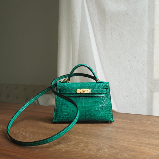Hermes Mini Kelly 19cm 6Q/翡翠绿/Vert emeraude Crocodile leather Gold hardware