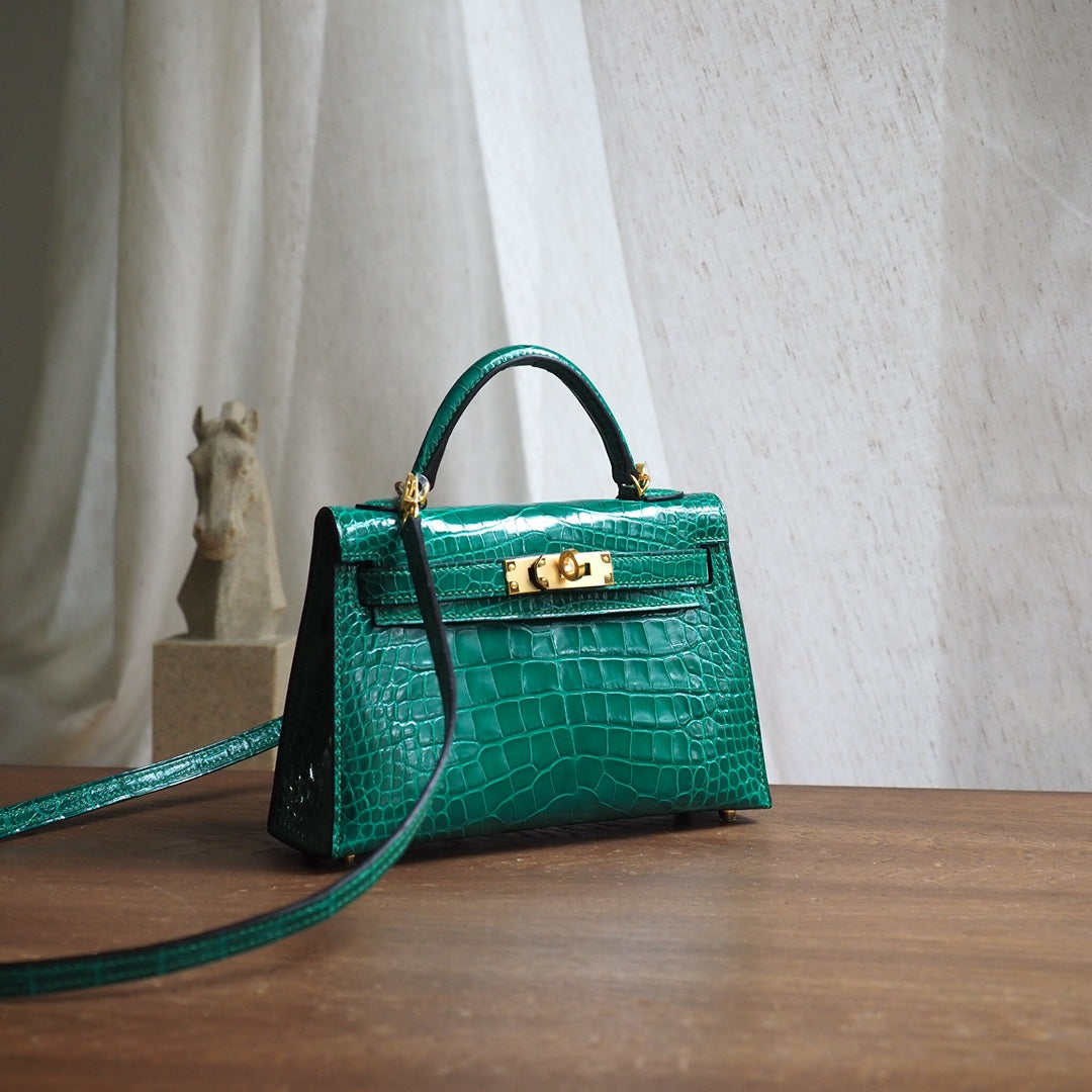 Hermes Mini Kelly 19cm 6Q/翡翠绿/Vert emeraude Crocodile leather Gold hardware