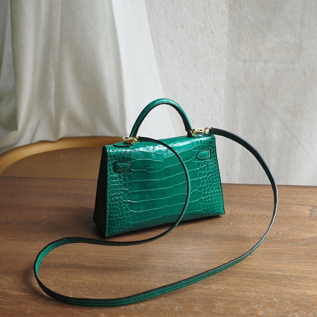 Hermes Mini Kelly 19cm 6Q/翡翠绿/Vert emeraude Crocodile leather Gold hardware