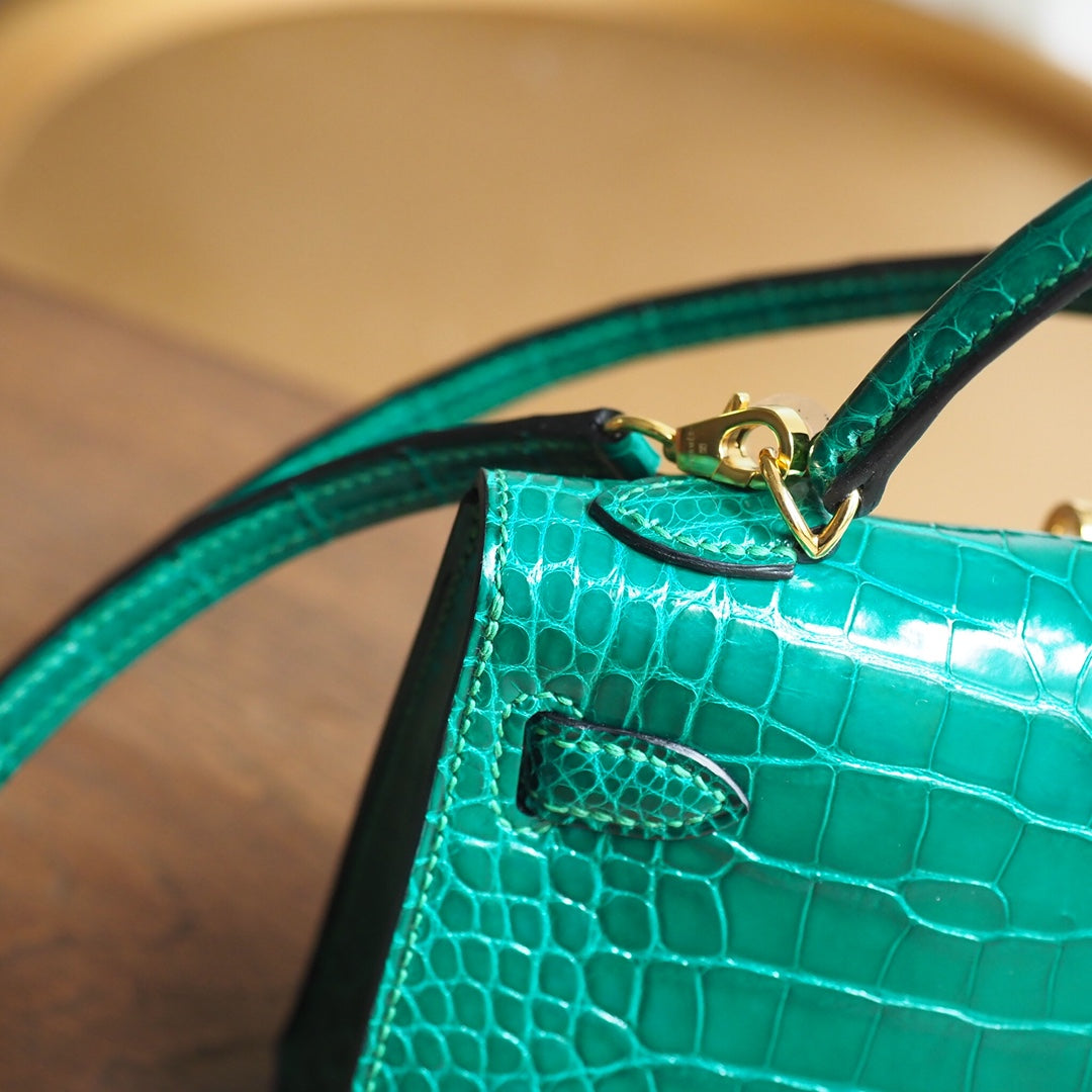Hermes Mini Kelly 19cm 6Q/翡翠绿/Vert emeraude Crocodile leather Gold hardware