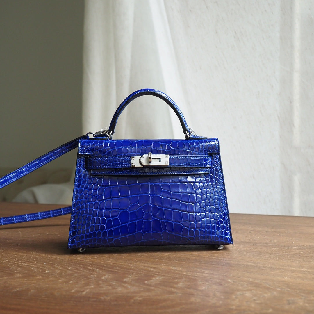 Hermes Mini Kelly 19cm 7T/电光蓝/Blue Electric Crocodile leather Palladium hardware
