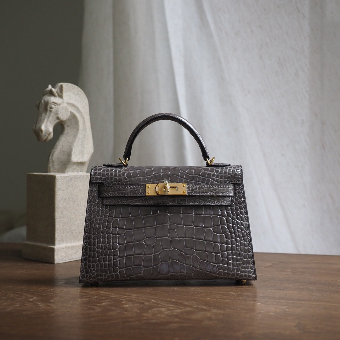 Hermes Mini Kelly 19cm 18/大象灰/EtouPe Crocodile leather Gold hardware