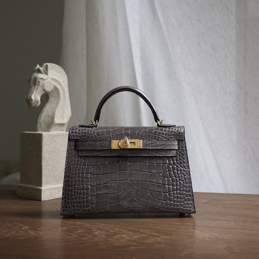 Hermes Mini Kelly 19cm 18/大象灰/EtouPe Crocodile leather Gold hardware