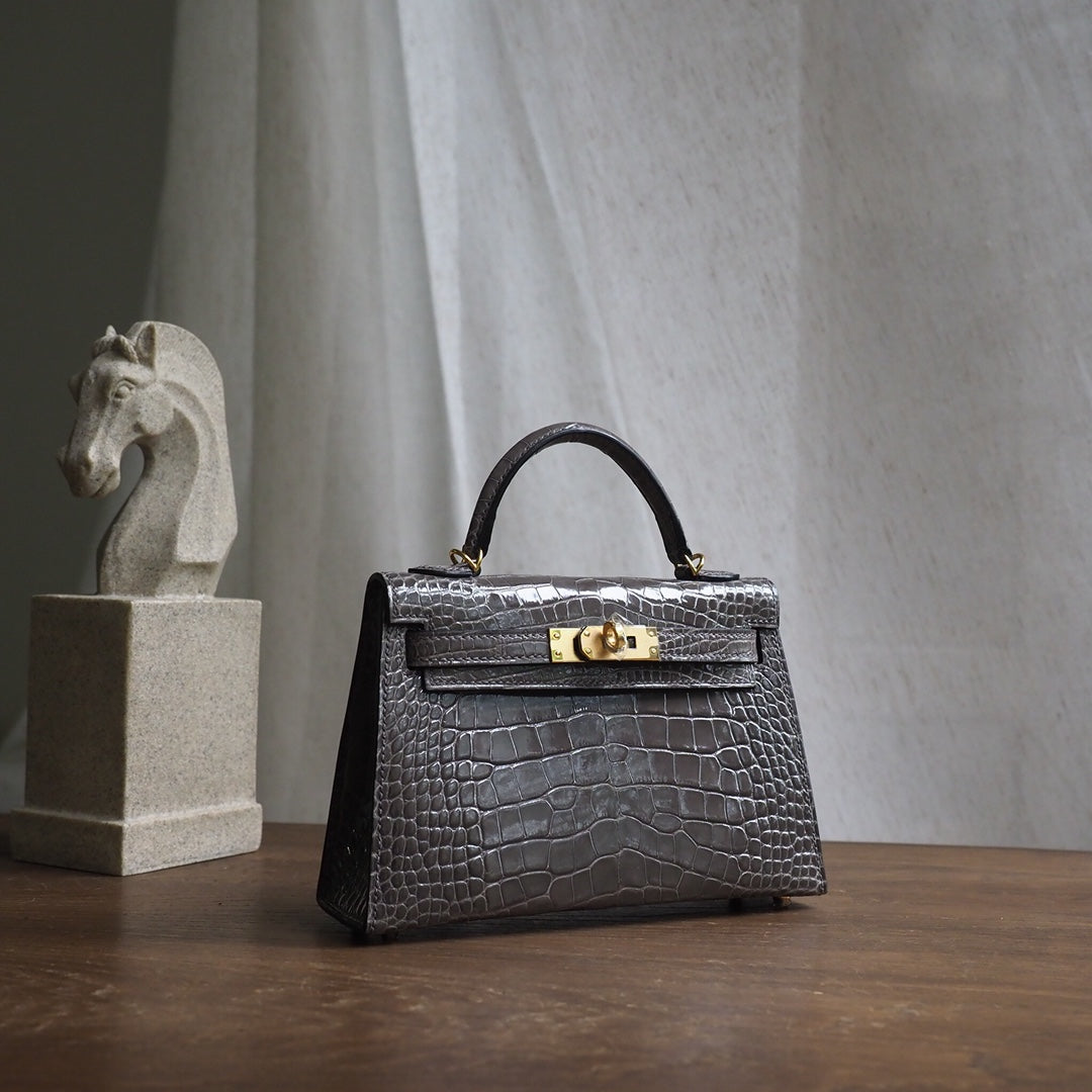 Hermes Mini Kelly 19cm 18/大象灰/EtouPe Crocodile leather Gold hardware