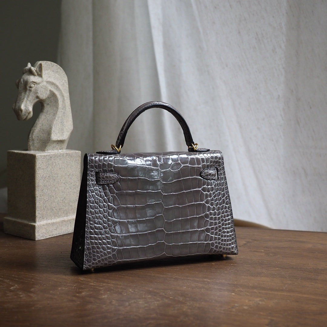 Hermes Mini Kelly 19cm 18/大象灰/EtouPe Crocodile leather Gold hardware
