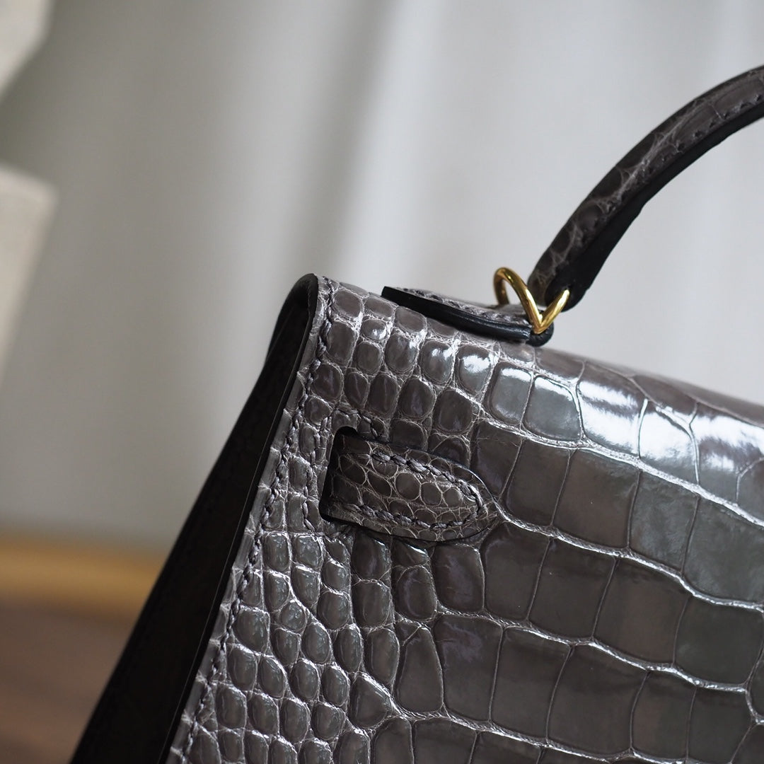 Hermes Mini Kelly 19cm 18/大象灰/EtouPe Crocodile leather Gold hardware