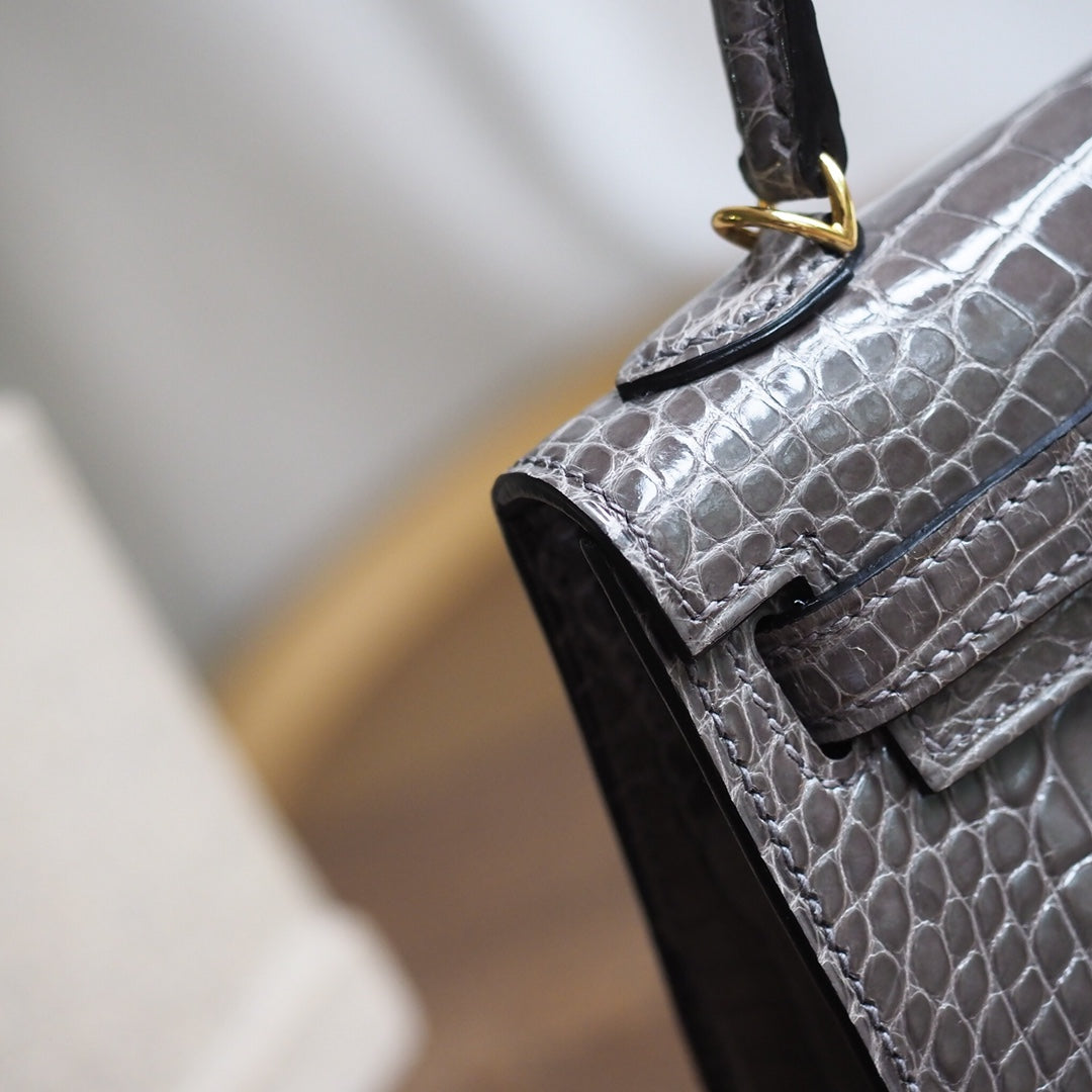 Hermes Mini Kelly 19cm 18/大象灰/EtouPe Crocodile leather Gold hardware