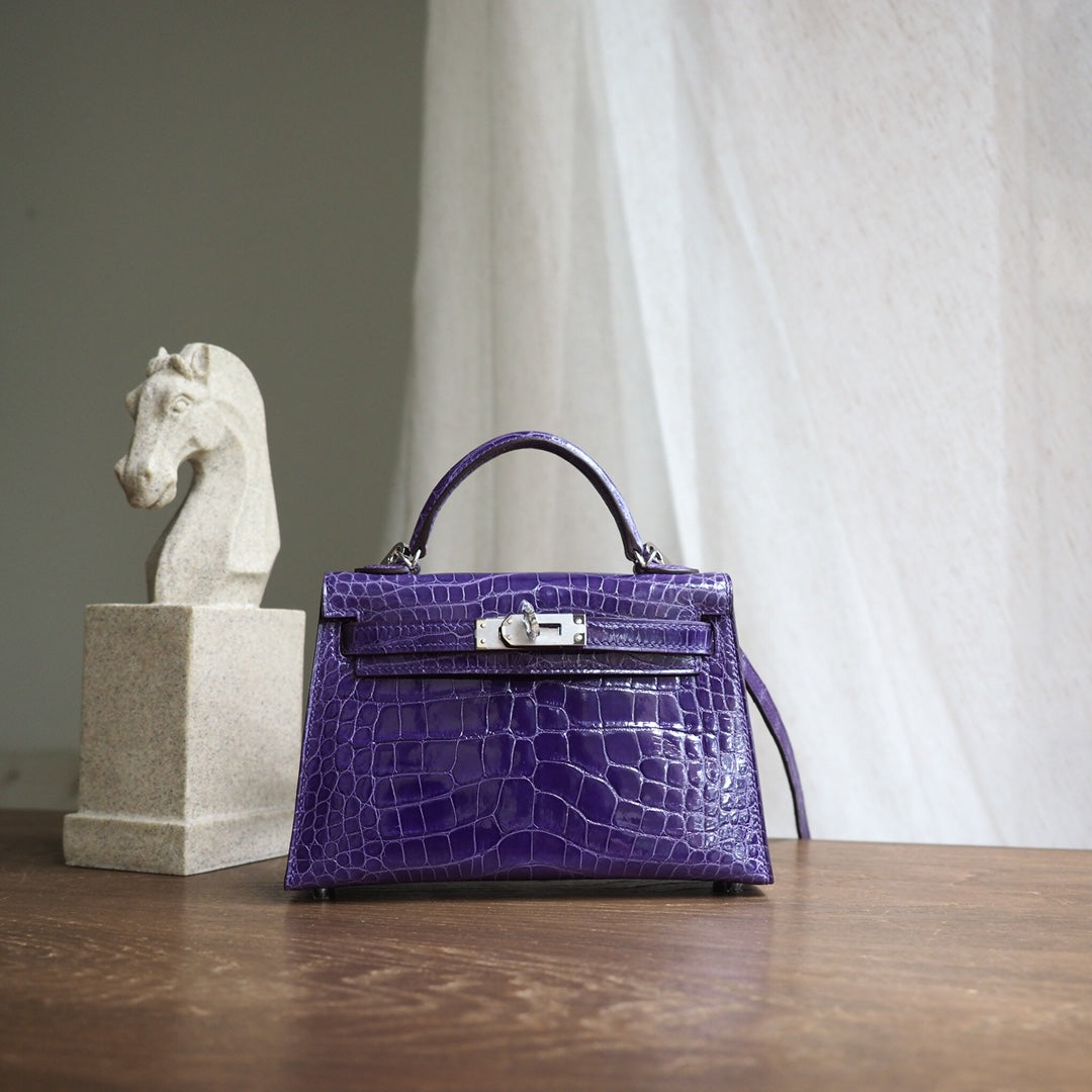 Hermes Mini Kelly 19cm 5L/极度紫/Ultraviolet Crocodile leather Palladium hardware