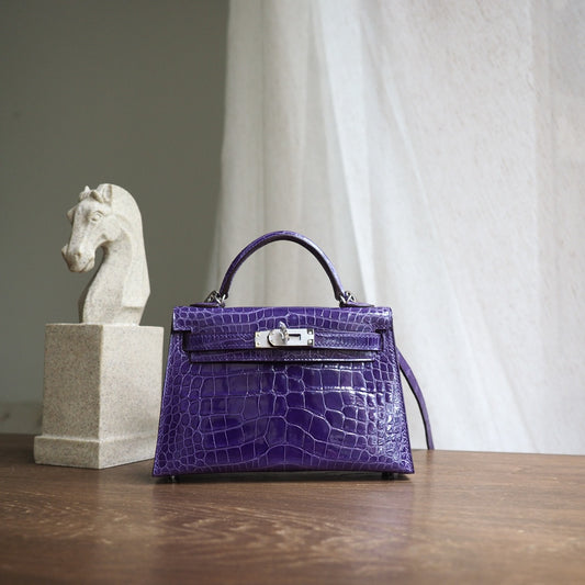 Hermes Mini Kelly 19cm 5L/极度紫/Ultraviolet Crocodile leather Palladium hardware