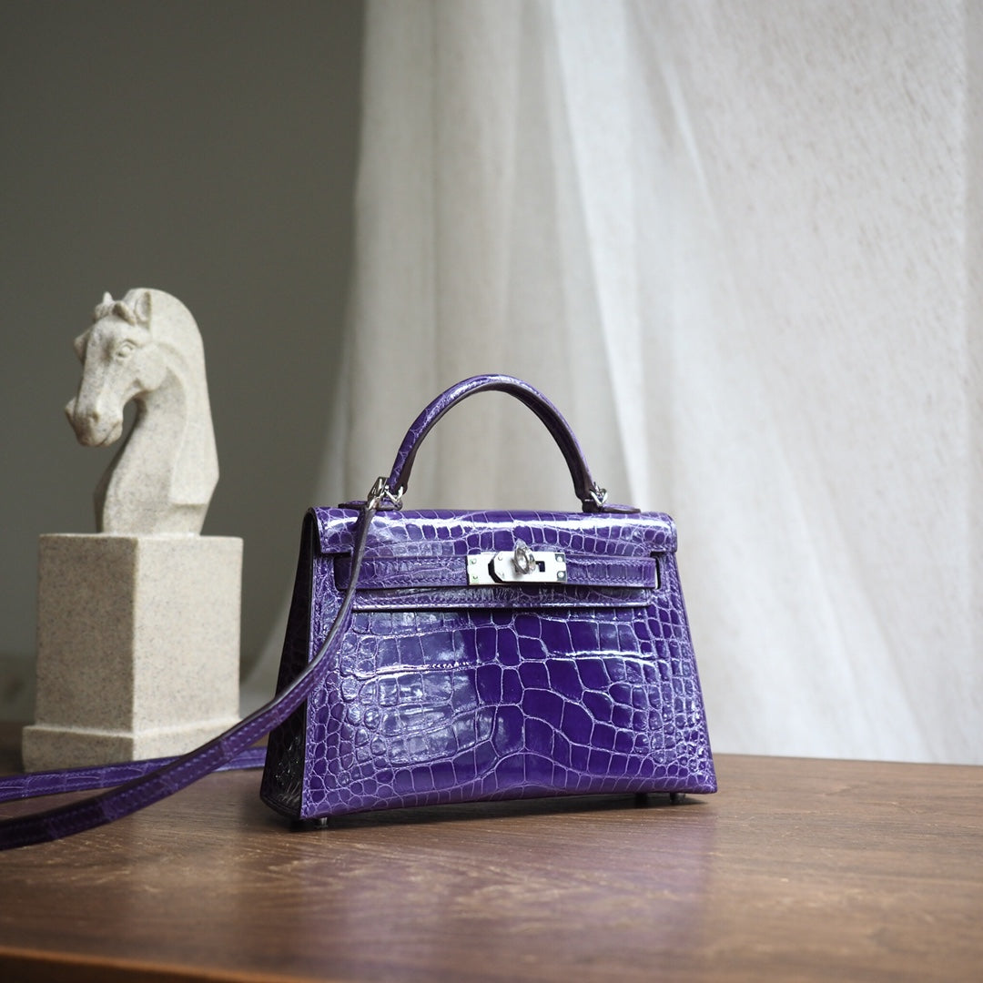 Hermes Mini Kelly 19cm 5L/极度紫/Ultraviolet Crocodile leather Palladium hardware