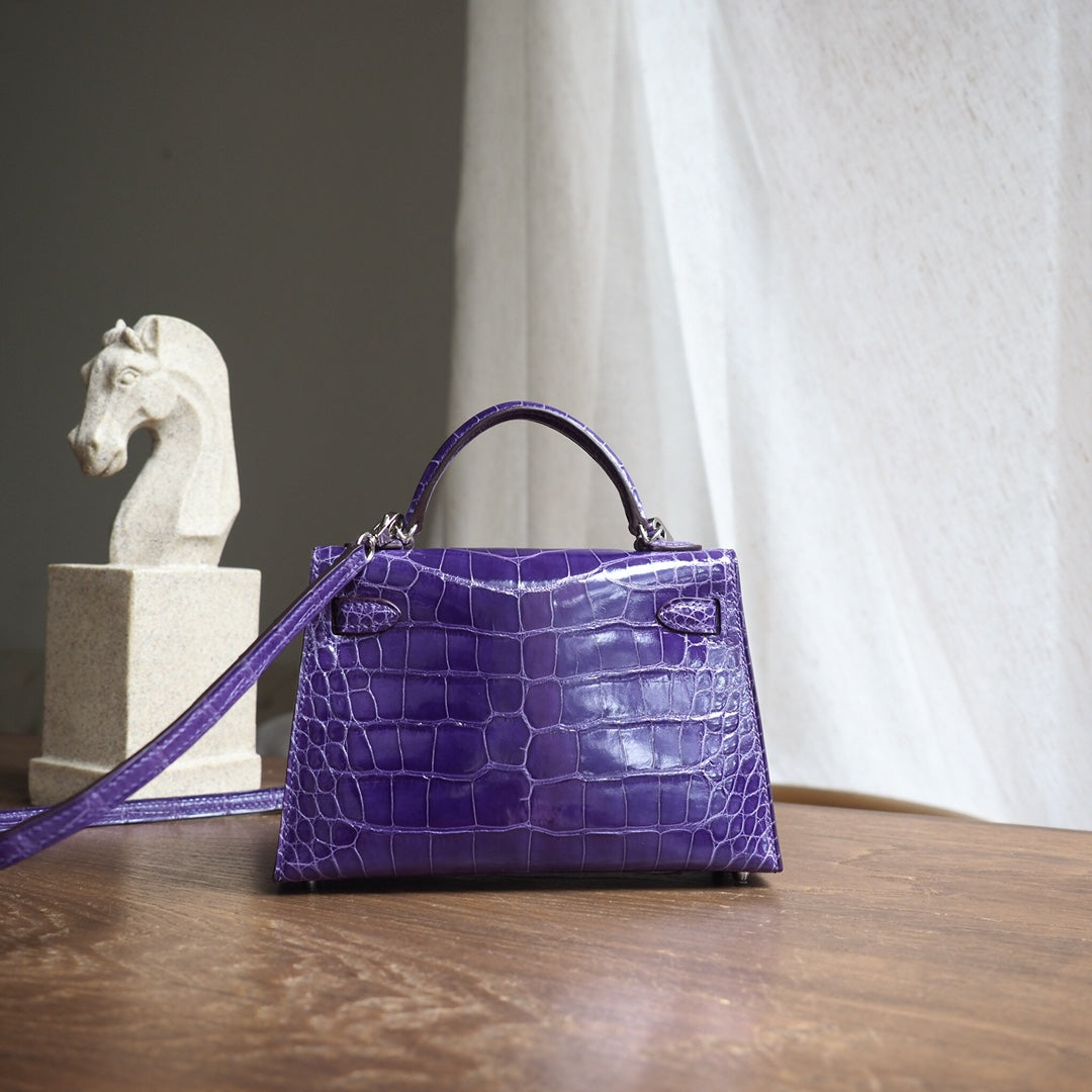 Hermes Mini Kelly 19cm 5L/极度紫/Ultraviolet Crocodile leather Palladium hardware