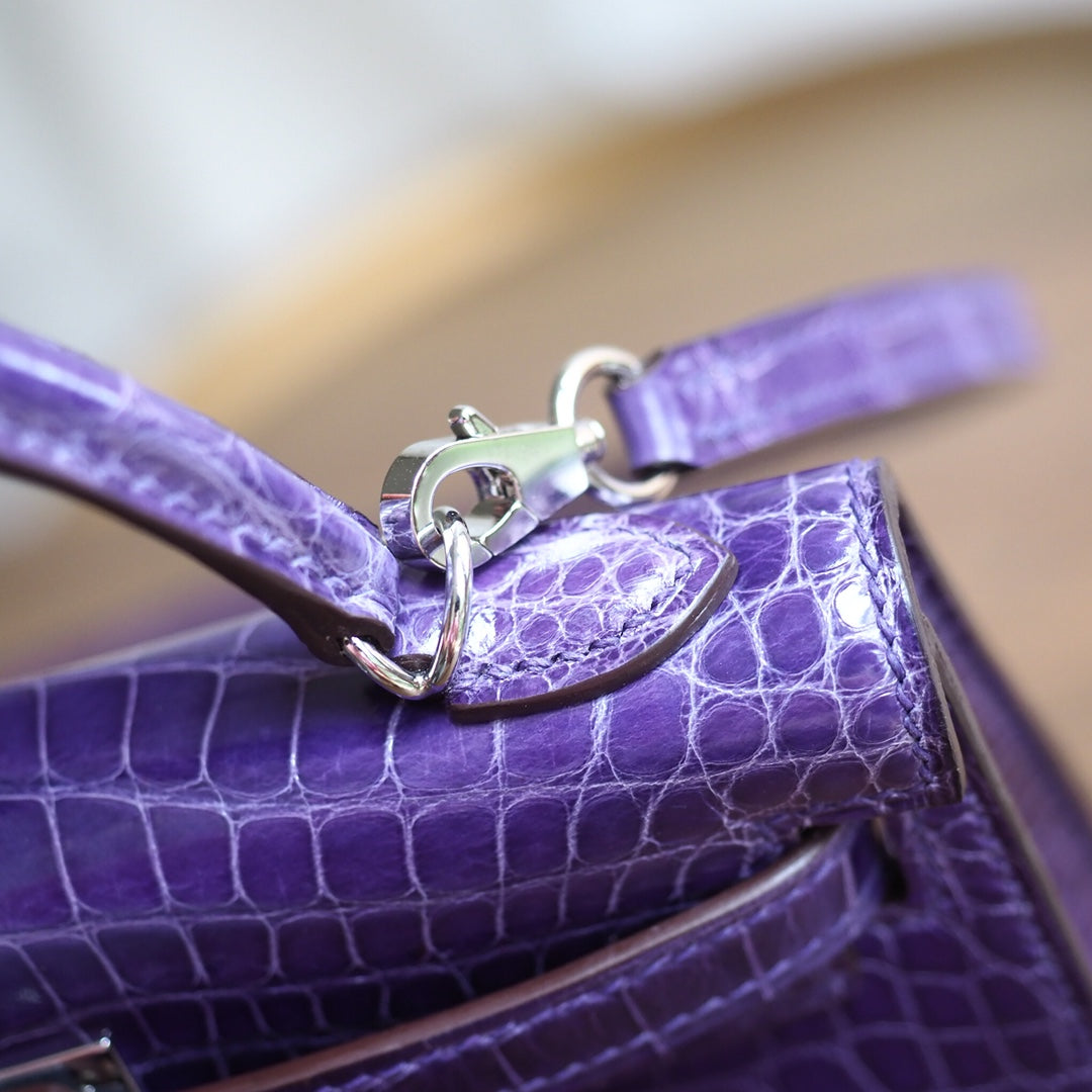 Hermes Mini Kelly 19cm 5L/极度紫/Ultraviolet Crocodile leather Palladium hardware