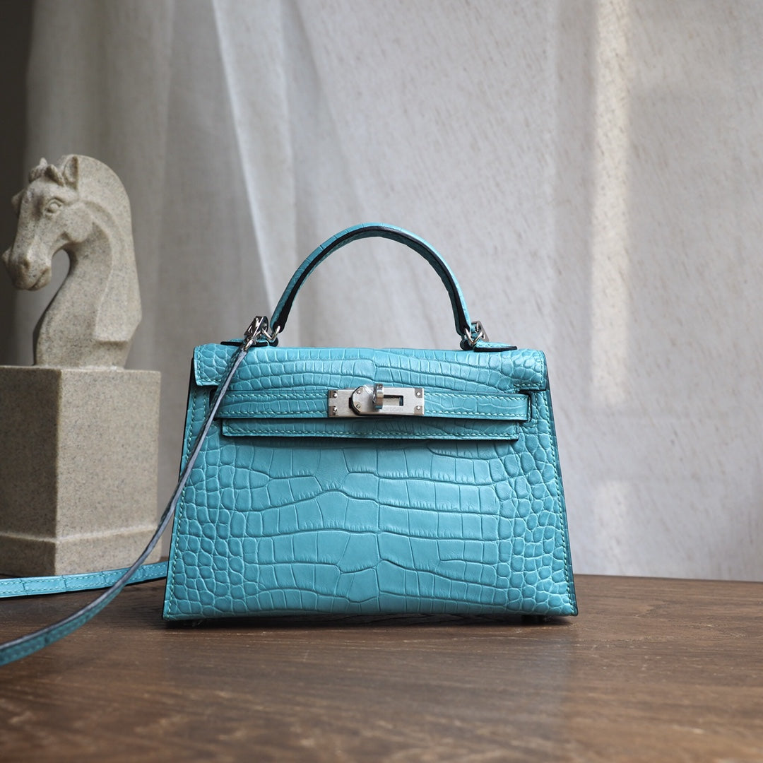 Hermes Mini Kelly 19cm 3P/马卡龙蓝/Blue atoll Crocodile leather Palladium hardware