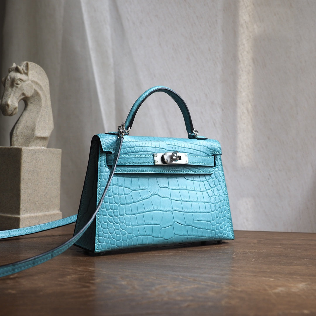 Hermes Mini Kelly 19cm 3P/马卡龙蓝/Blue atoll Crocodile leather Palladium hardware