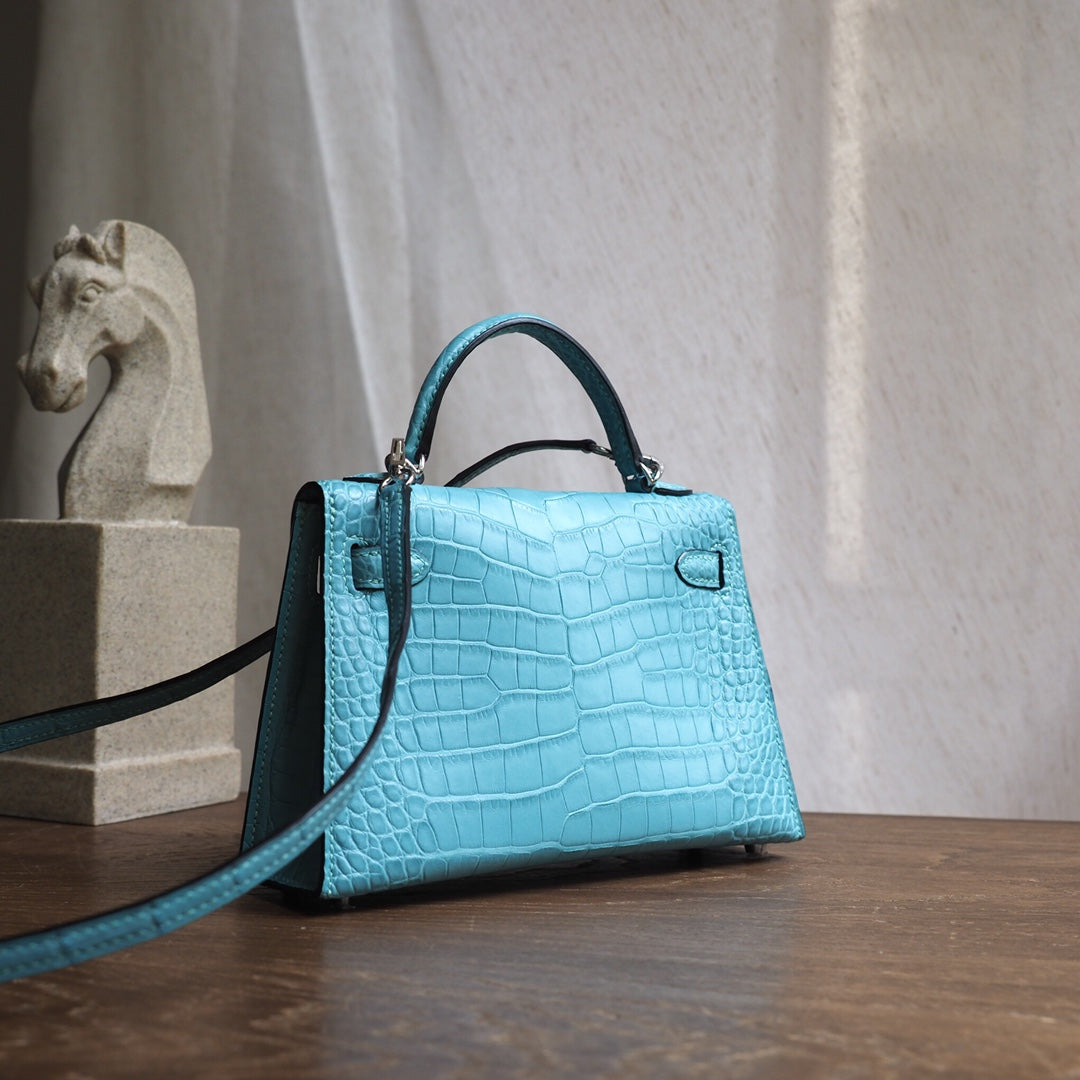 Hermes Mini Kelly 19cm 3P/马卡龙蓝/Blue atoll Crocodile leather Palladium hardware