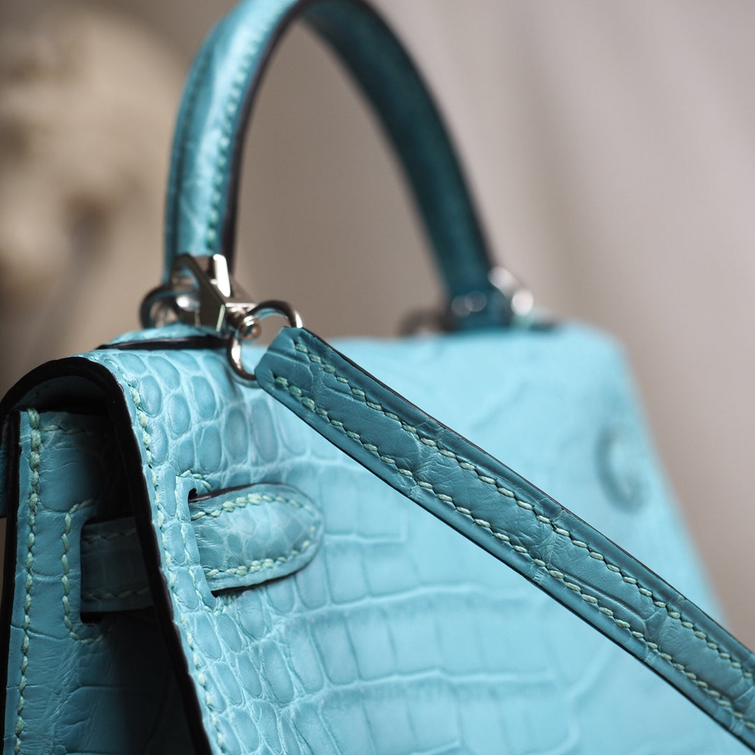 Hermes Mini Kelly 19cm 3P/马卡龙蓝/Blue atoll Crocodile leather Palladium hardware