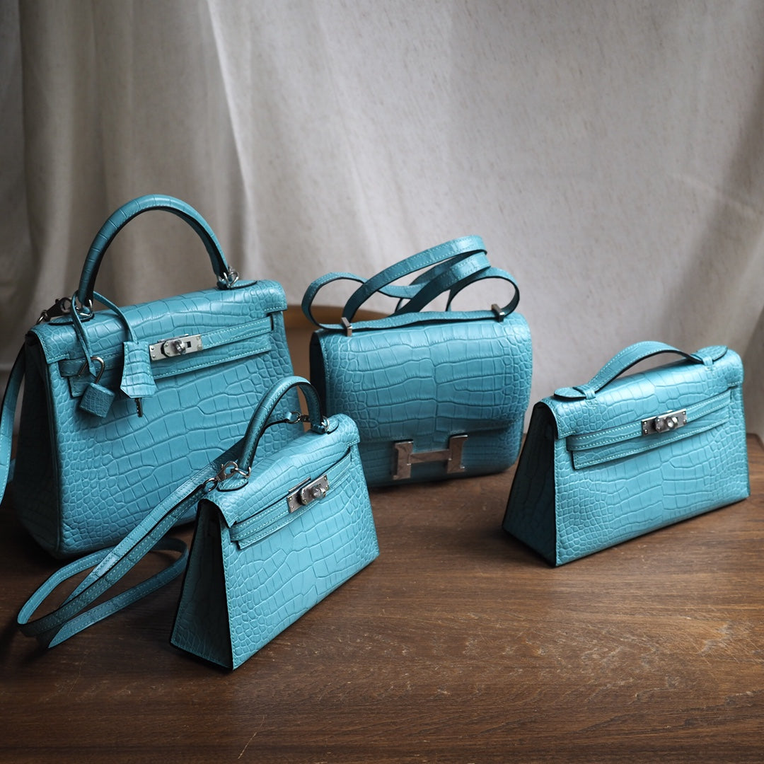 Hermes Mini Kelly 19cm 3P/马卡龙蓝/Blue atoll Crocodile leather Palladium hardware