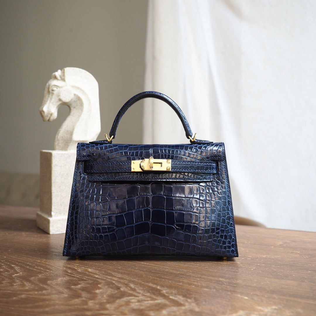 Hermes Mini Kelly 19cm 2Z/午夜蓝/Blue nuit Crocodile leather Gold hardware