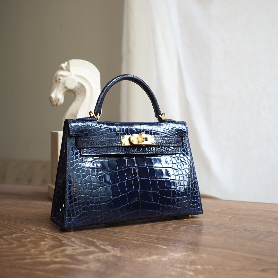 Hermes Mini Kelly 19cm 2Z/午夜蓝/Blue nuit Crocodile leather Gold hardware