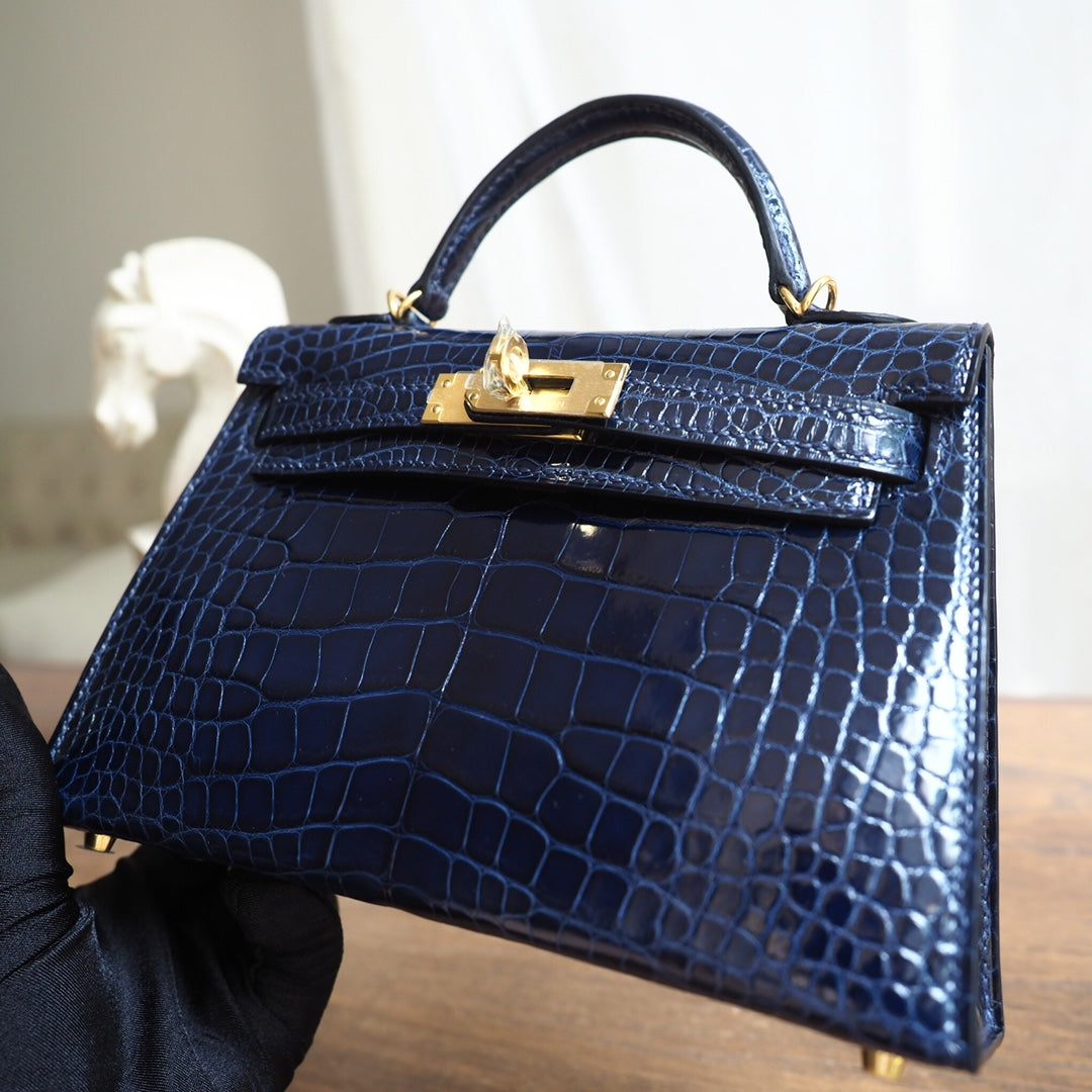 Hermes Mini Kelly 19cm 2Z/午夜蓝/Blue nuit Crocodile leather Gold hardware